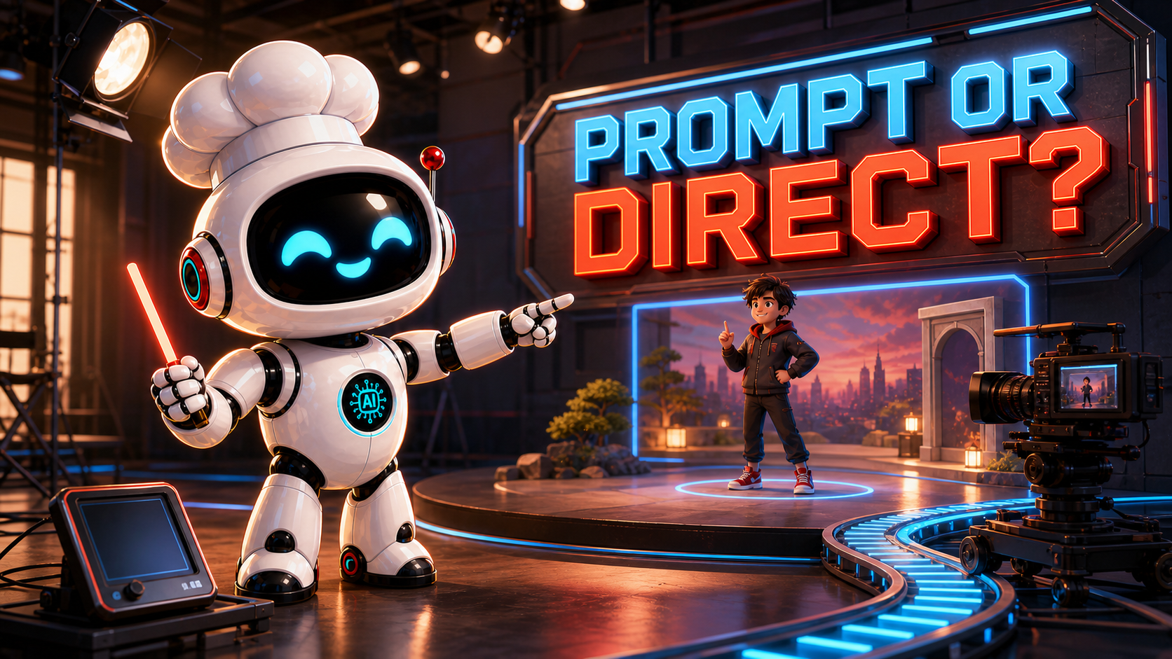AI Bulgogi white chef robot directing a miniature 3D film set and camera path beside native text reading Prompt or Direct?