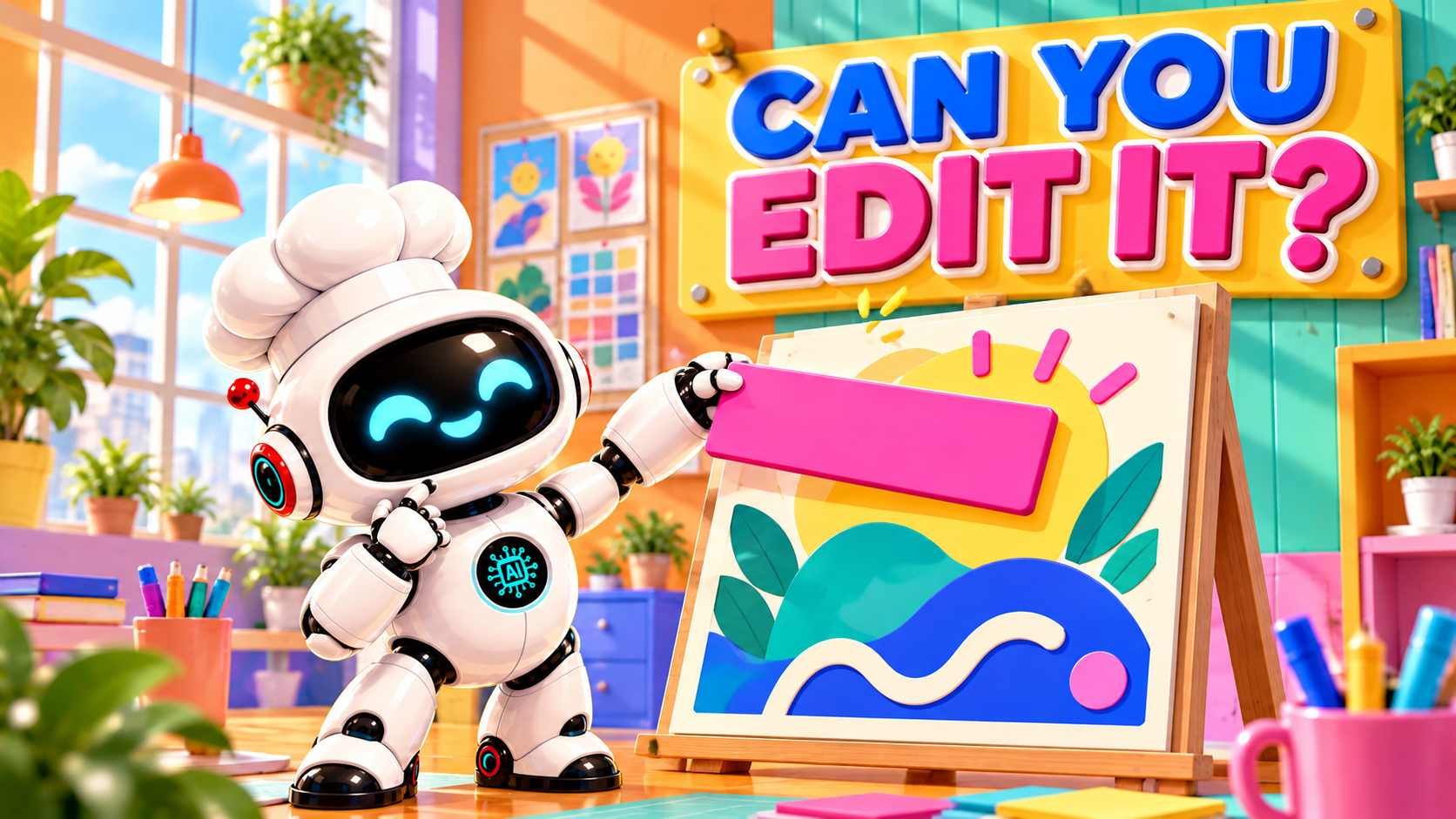 The white AI Bulgogi chef robot studies a colorful physical poster whose headline piece is lifted for revision, beneath a large native sign reading CAN YOU EDIT IT? in a bright orange, mint, periwinkle and fuchsia studio.