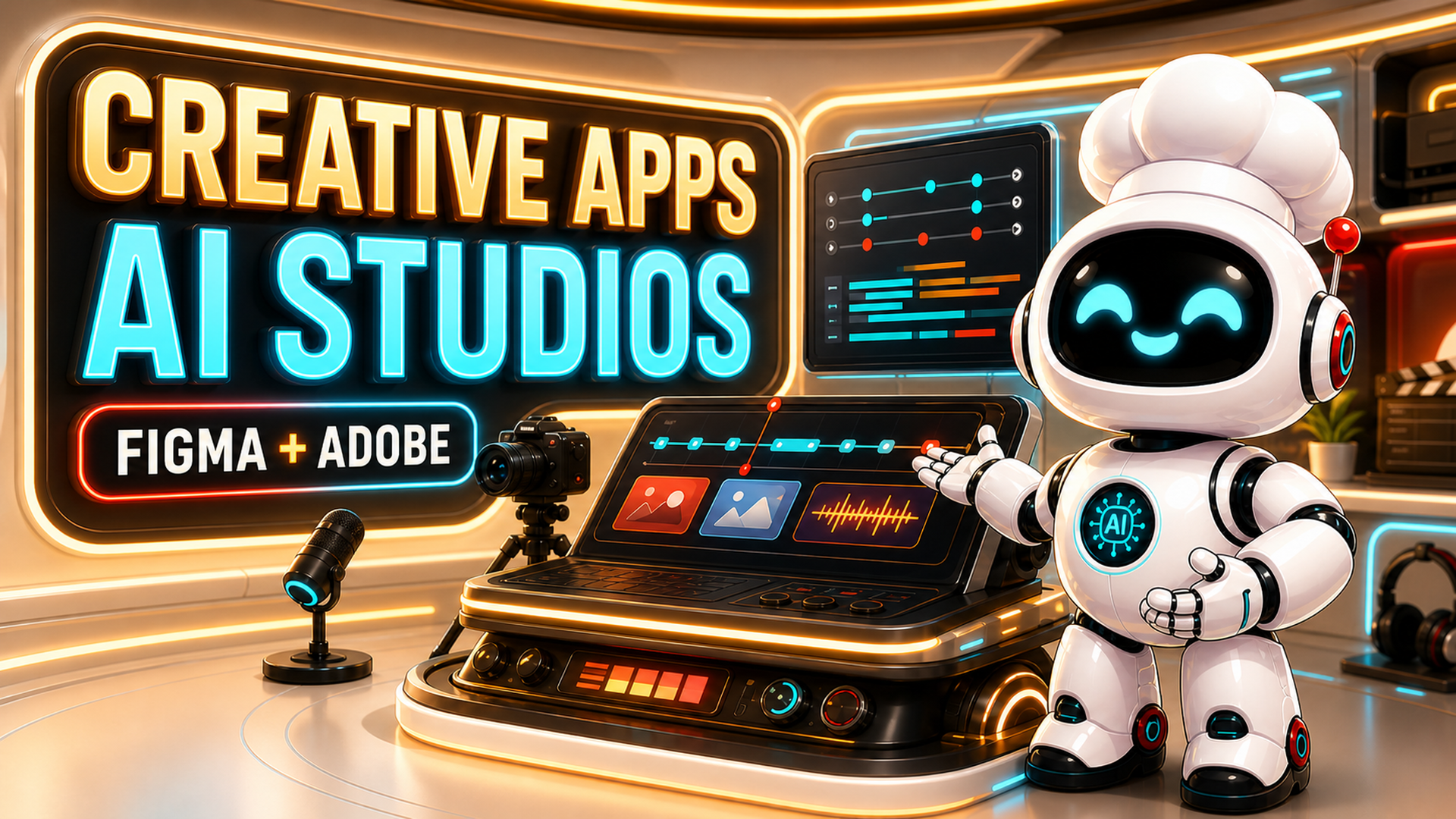 AI Bulgogi white robot presenting a futuristic creative production console with native text reading Creative Apps AI Studios.