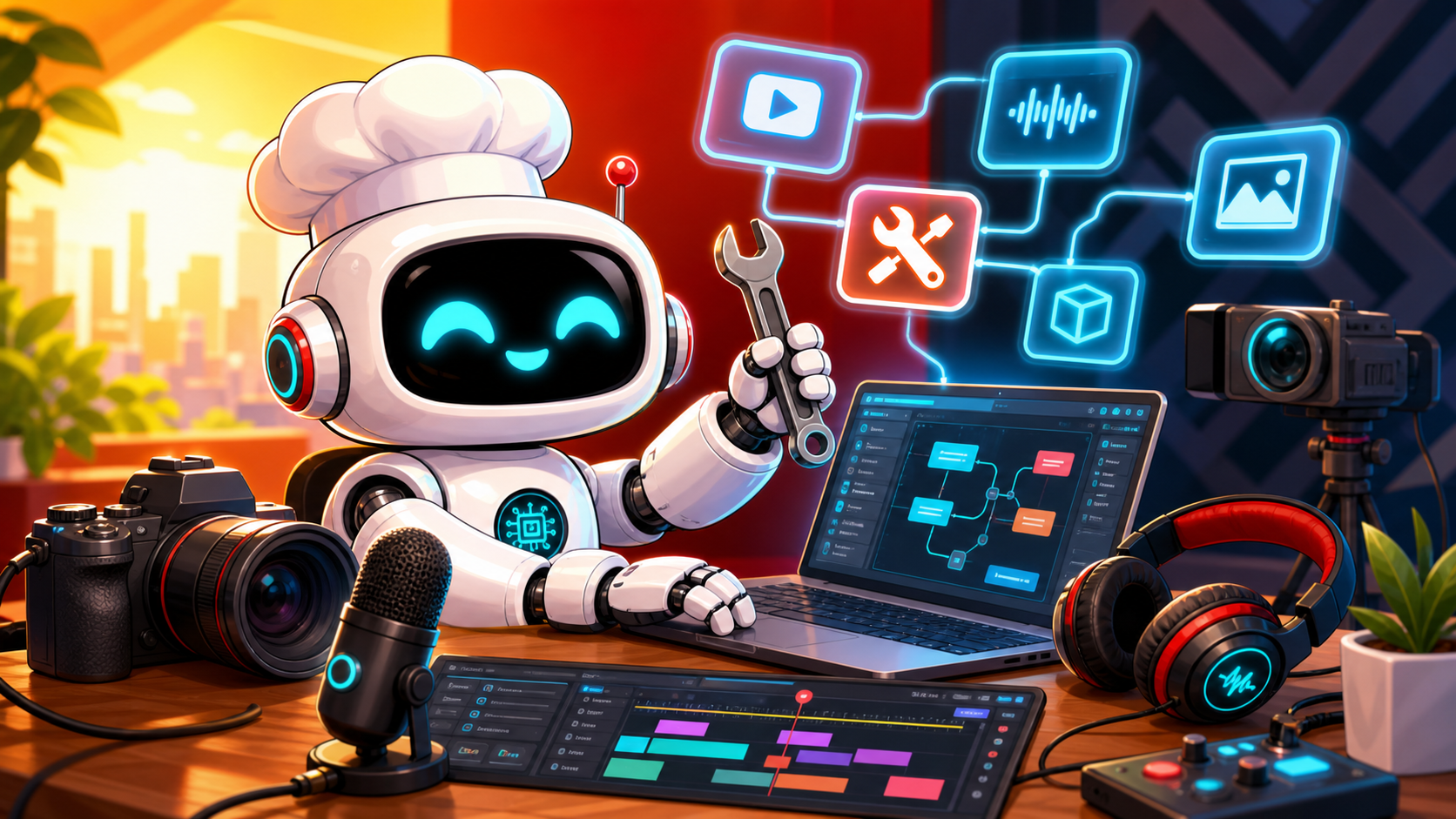 A friendly white AI robot uses creator tools at a bright production workbench.