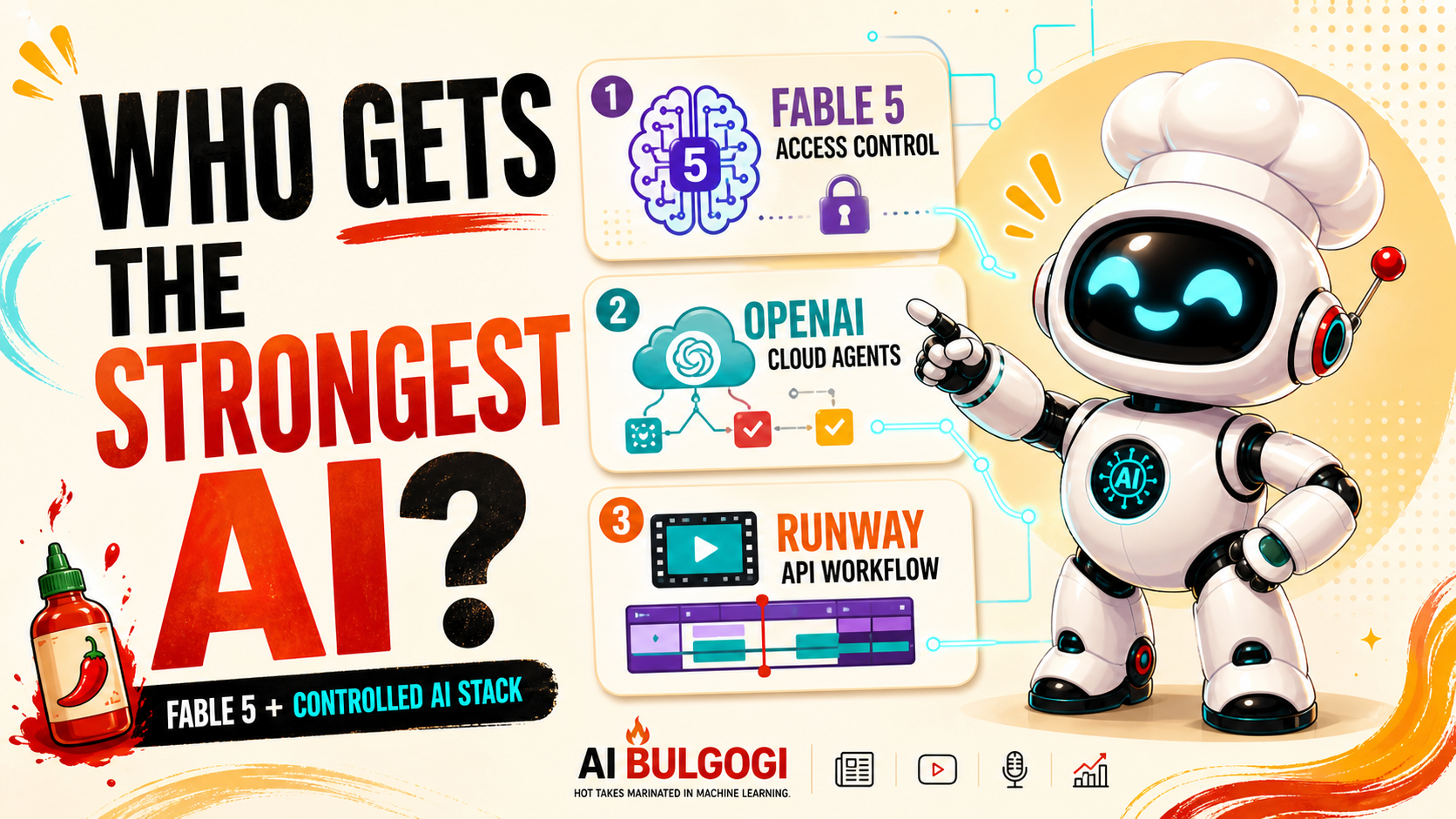 AI Bulgogi white bot presenting Fable 5, OpenAI cloud agents, and Runway API workflow cards under the headline Who Gets The Strongest AI?