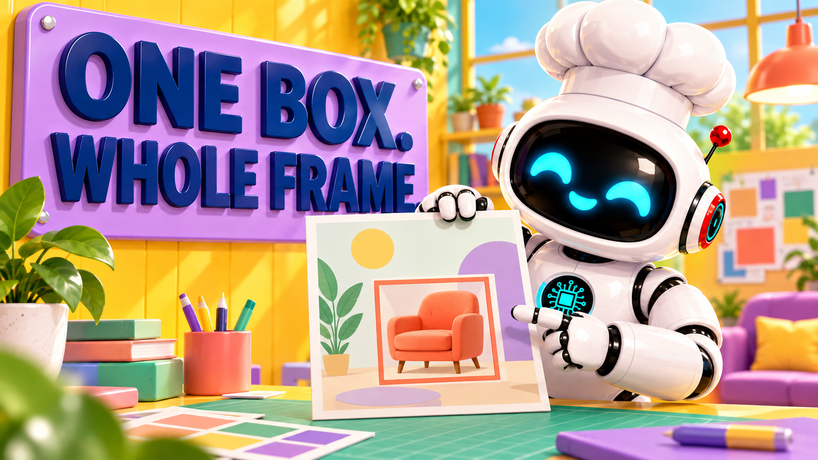 The smiling white AI Bulgogi chef robot checks one boxed change on a colorful creative layout beside a large native sign reading ONE BOX. WHOLE FRAME.