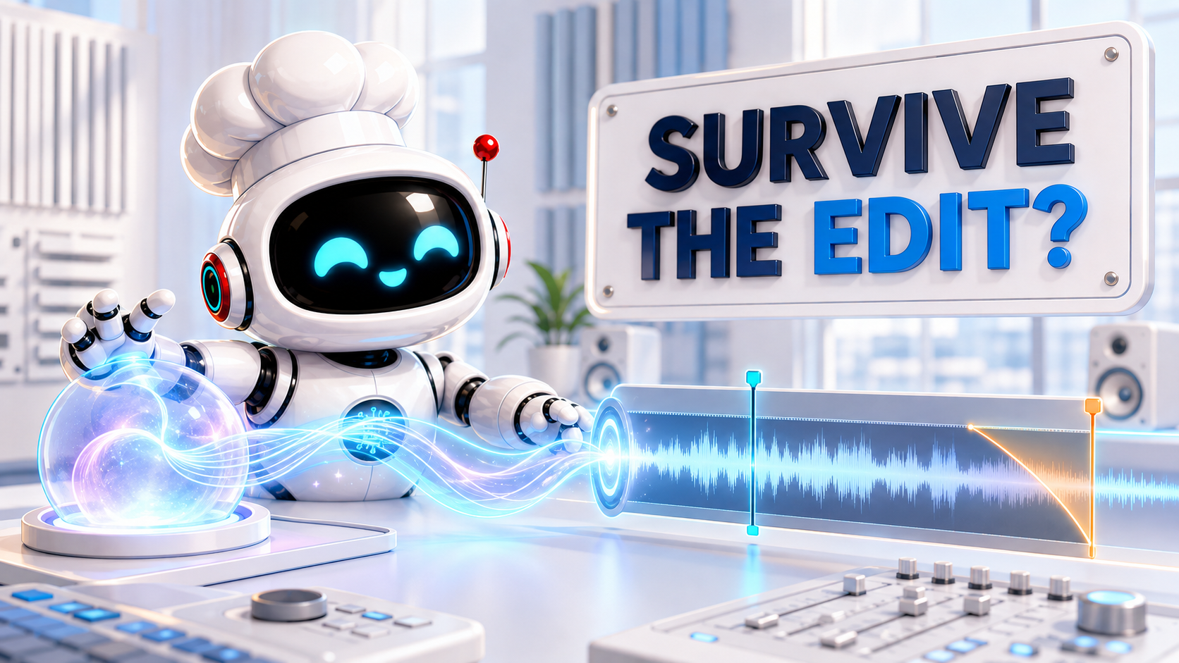 AI Bulgogi white chef robot guiding a glowing music track into a bright editing timeline beneath the words Survive the Edit?