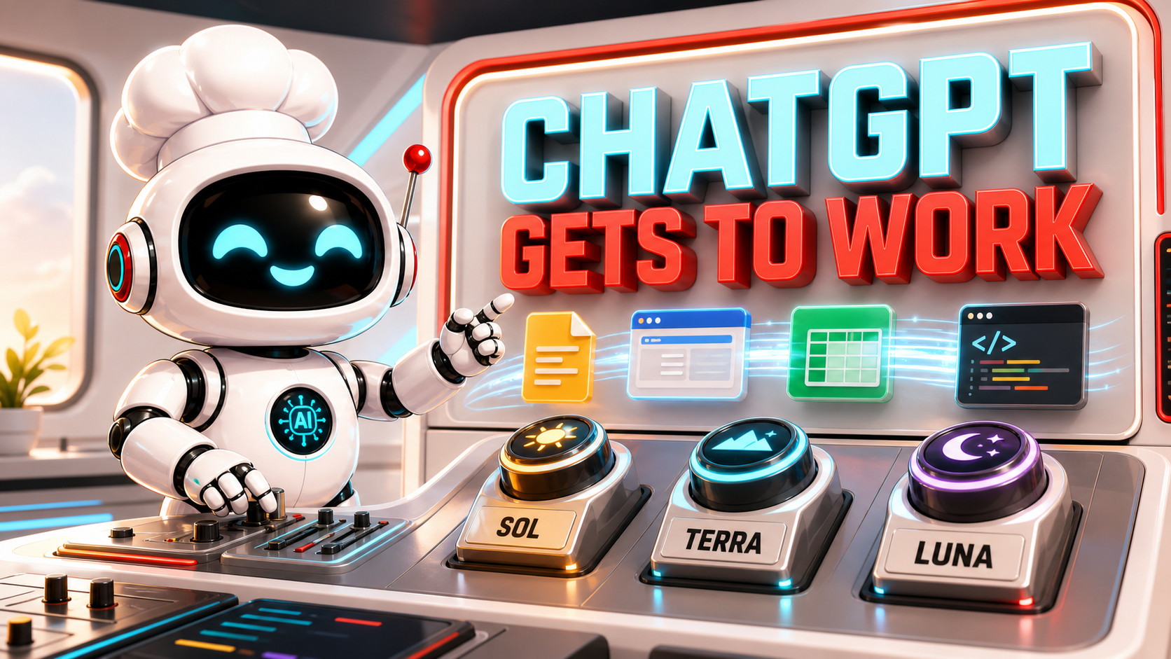 AI Bulgogi white robot hosting a bright work console with Sol, Terra, and Luna controls and native text reading ChatGPT Gets To Work.