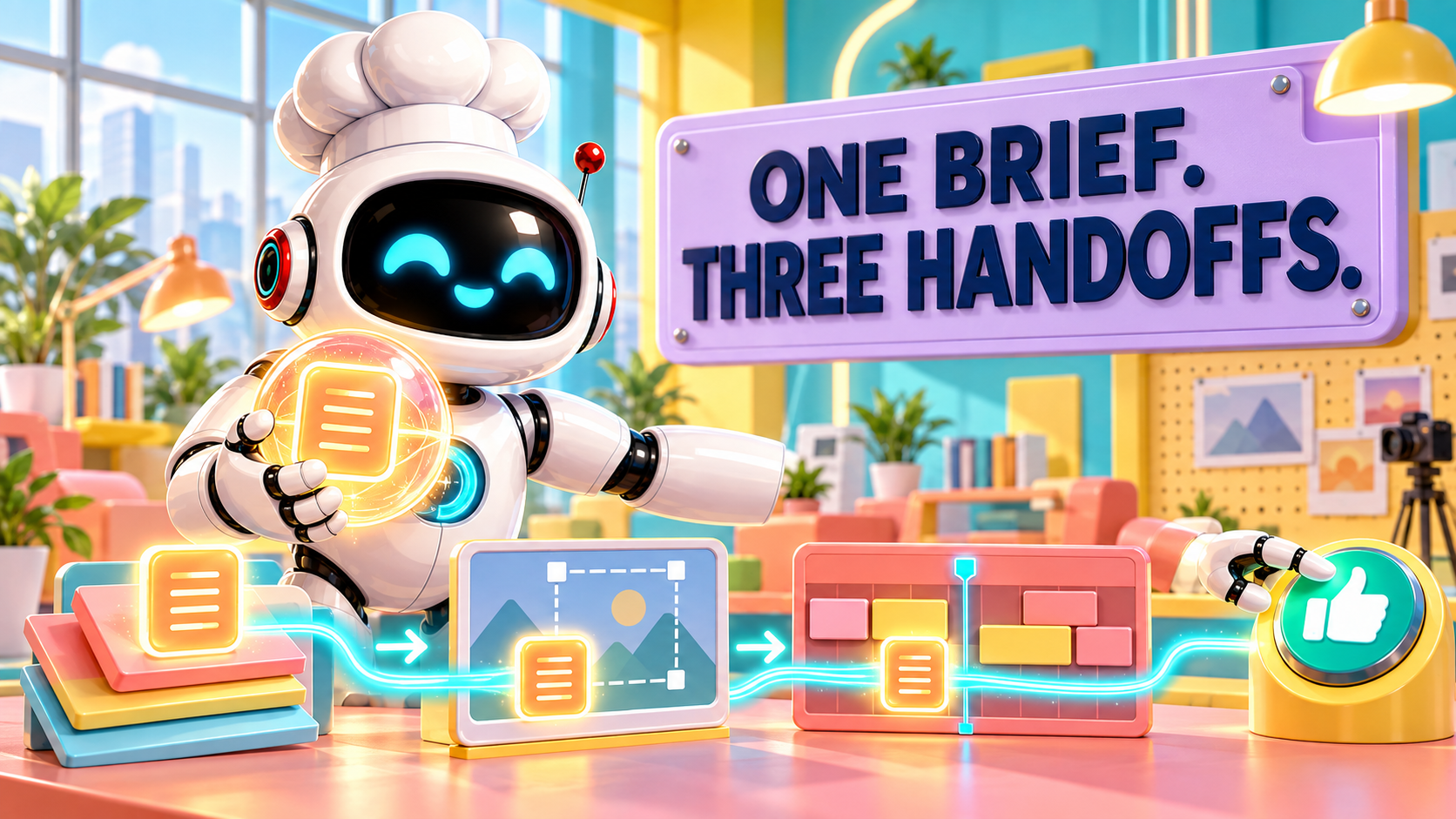 AI Bulgogi white chef robot carrying one glowing project brief through a bright turquoise, coral, yellow, and lavender creator studio beneath the words One Brief. Three Handoffs.