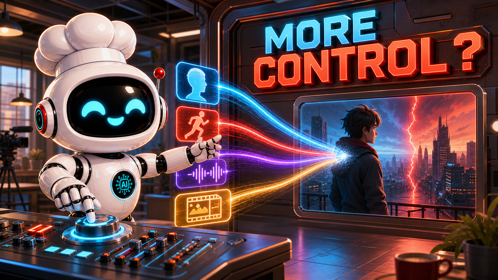 AI Bulgogi white chef robot directing character, motion, audio, and storyboard reference streams into one cinematic video frame, with native text reading More Control?