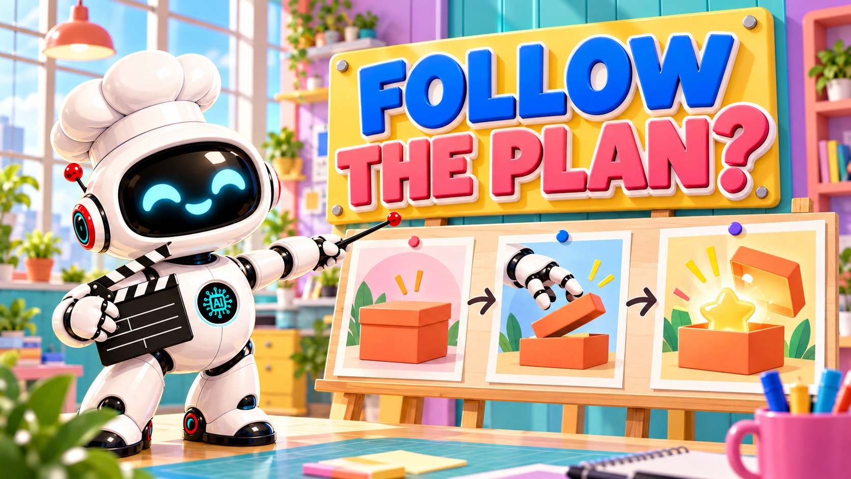The white AI Bulgogi chef robot directs a three-beat storyboard beneath a large native studio sign reading FOLLOW THE PLAN? in a bright teal, lavender, yellow and coral production studio.