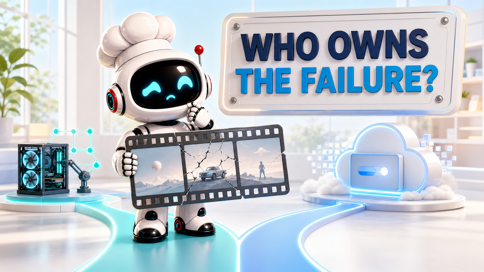 AI Bulgogi white chef robot routing a damaged film frame between a bright local GPU workstation and a hosted cloud video system beneath native text reading Who Owns the Failure?