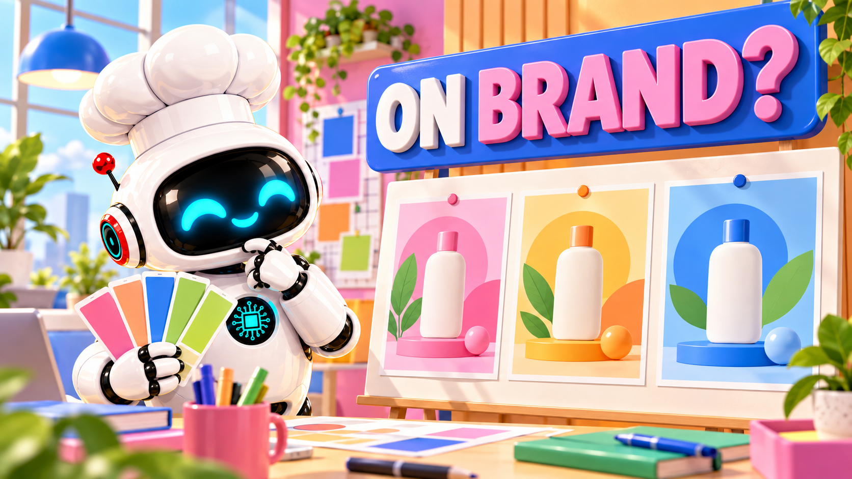 The smiling white AI Bulgogi chef robot reviews three fictional campaign images beside a large built-in studio sign reading ON BRAND? in a bright pink, cobalt, lime, and apricot studio.