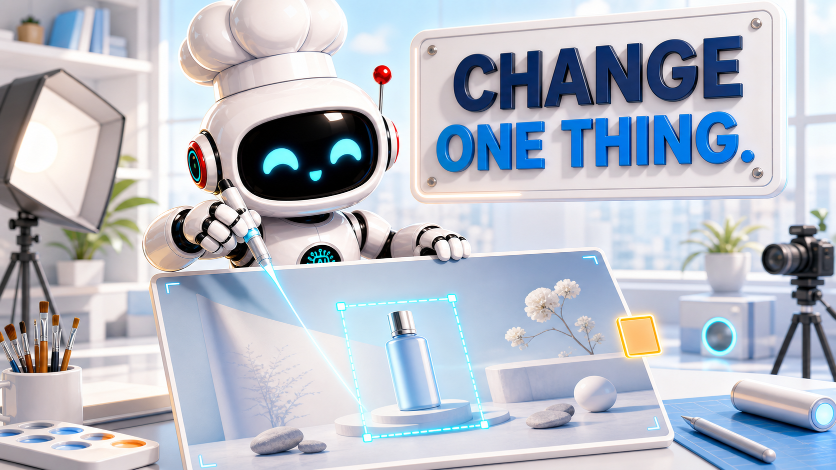 AI Bulgogi robot presenting one precise cyan edit on a locked campaign image beside the words Change One Thing.