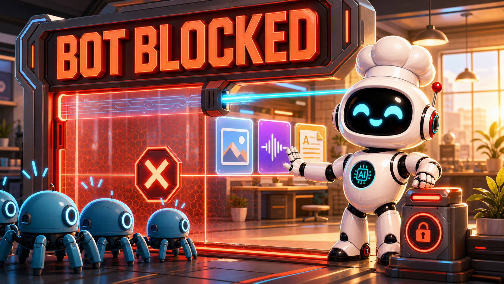 AI Bulgogi white robot guarding a bright creator studio behind a red-orange network gate with native text reading Bot Blocked.