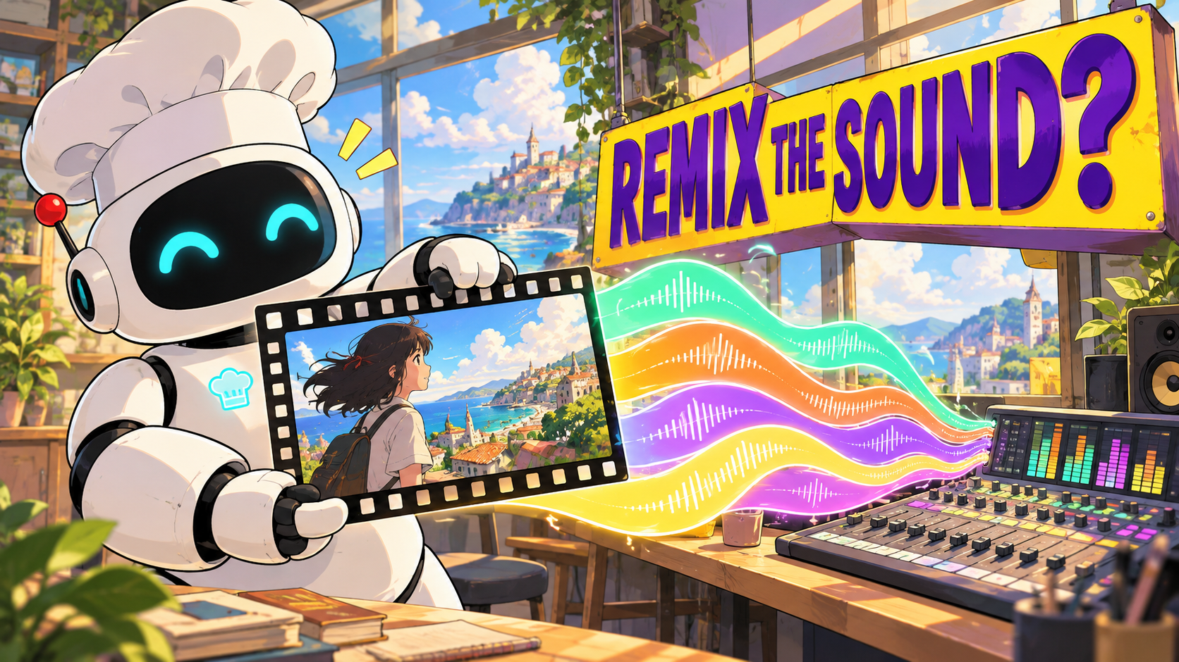The white AI Bulgogi chef robot faces a vivid film frame and five flowing sound ribbons under a large integrated sign reading REMIX THE SOUND? in bright anime key art.
