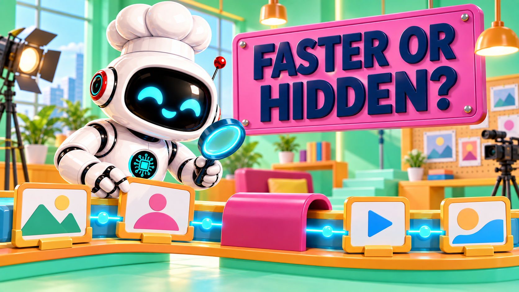 AI Bulgogi white chef robot inspecting a bright editable AI video shot plan beneath the words Faster or Hidden.