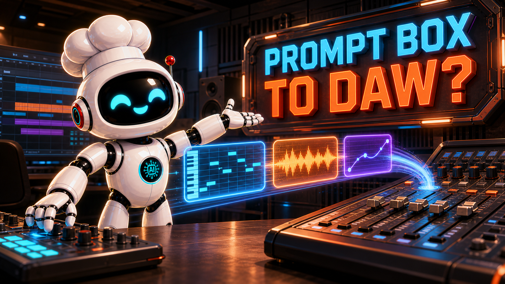 AI Bulgogi white chef robot guiding bright music stems from a browser timeline toward a studio mixing console beneath native text reading Prompt Box to DAW?