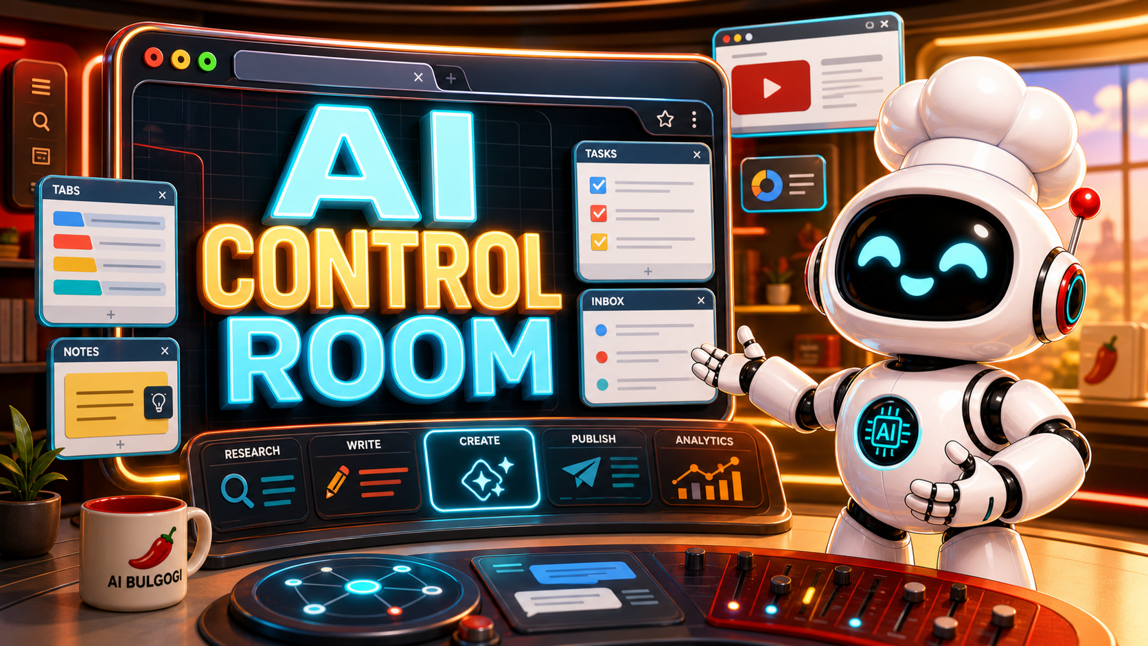 AI Bulgogi white robot presenting a glowing browser command room with native text reading AI Control Room.