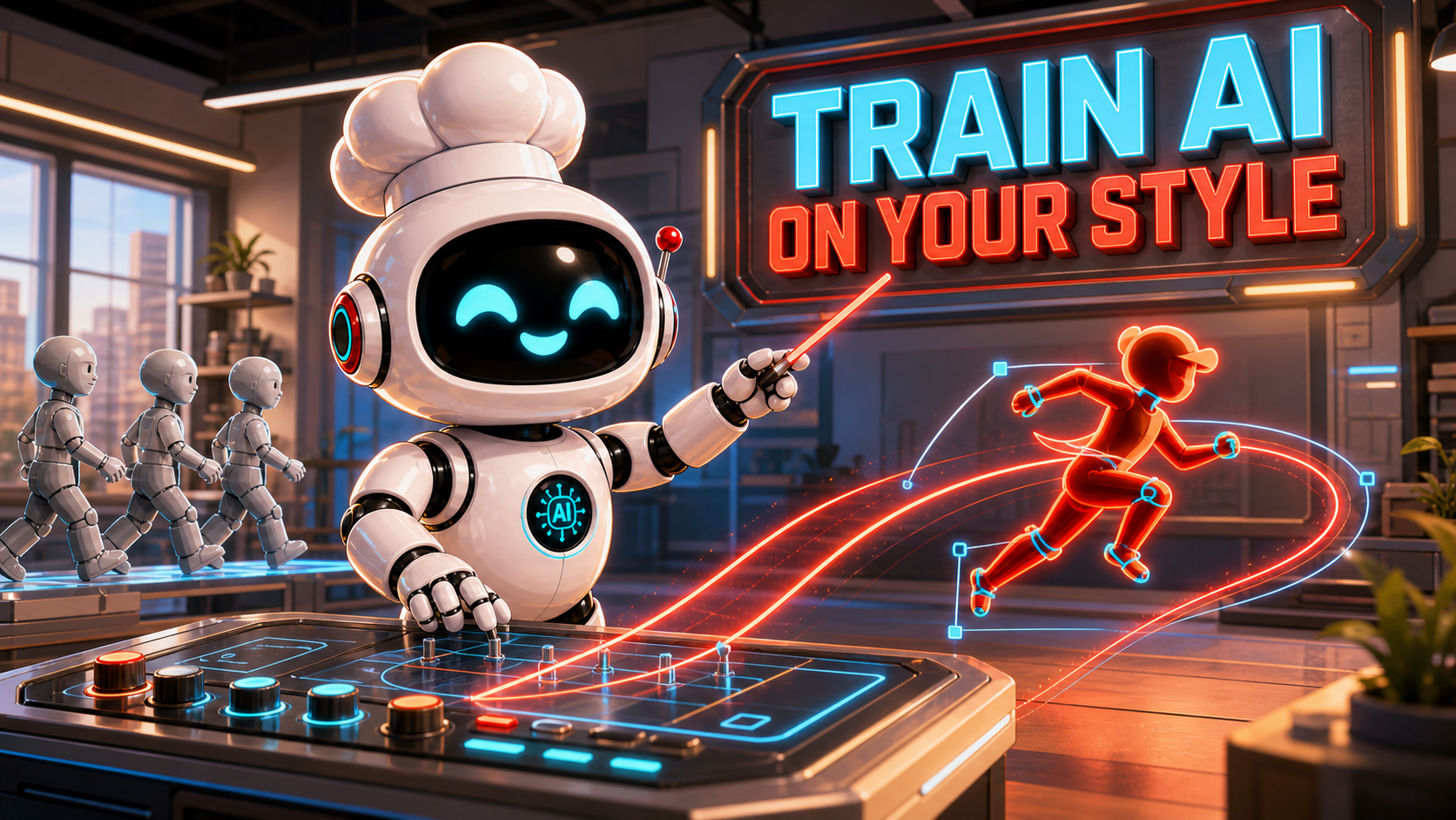 AI Bulgogi white robot directing a vivid custom animation path beside gray generic walk cycles, with native text reading Train AI On Your Style.